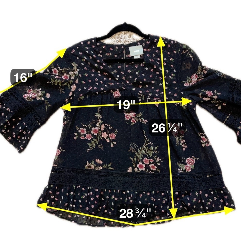 Maeve Steffy Peasant Shirt Black Ditsy Floral Crochet Romantic Boho Medium - Picture 7 of 7